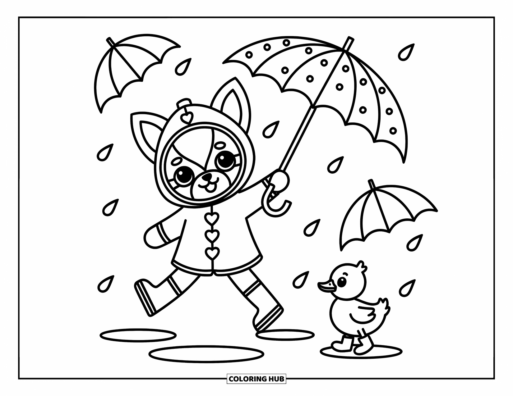 Chihuahua Coloring Page for Adults: Chihuahua splashes in the rain with a polka-dot umbrella and a duckling in boots