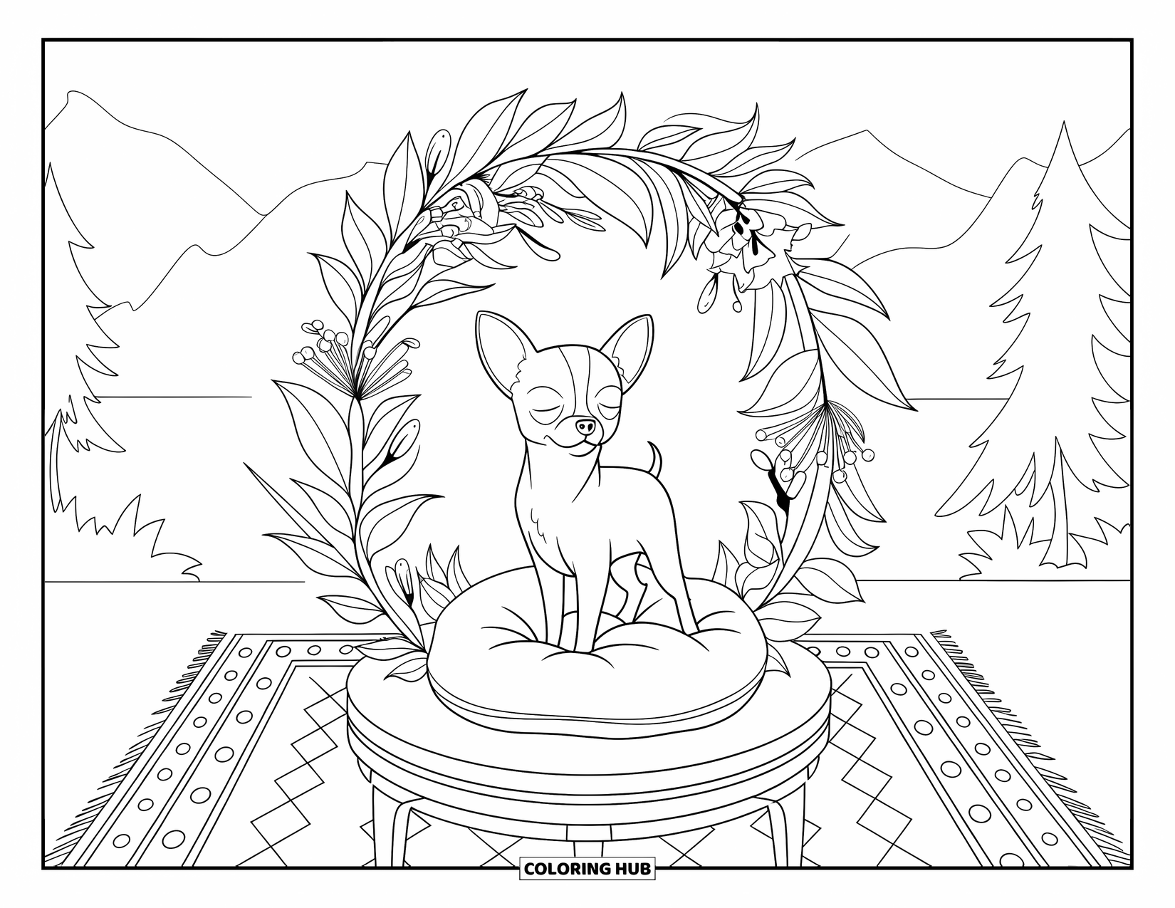 Chihuahua Coloring Page for Adults: Chihuahua stands peacefully on a cushion within a mountain and garden scene
