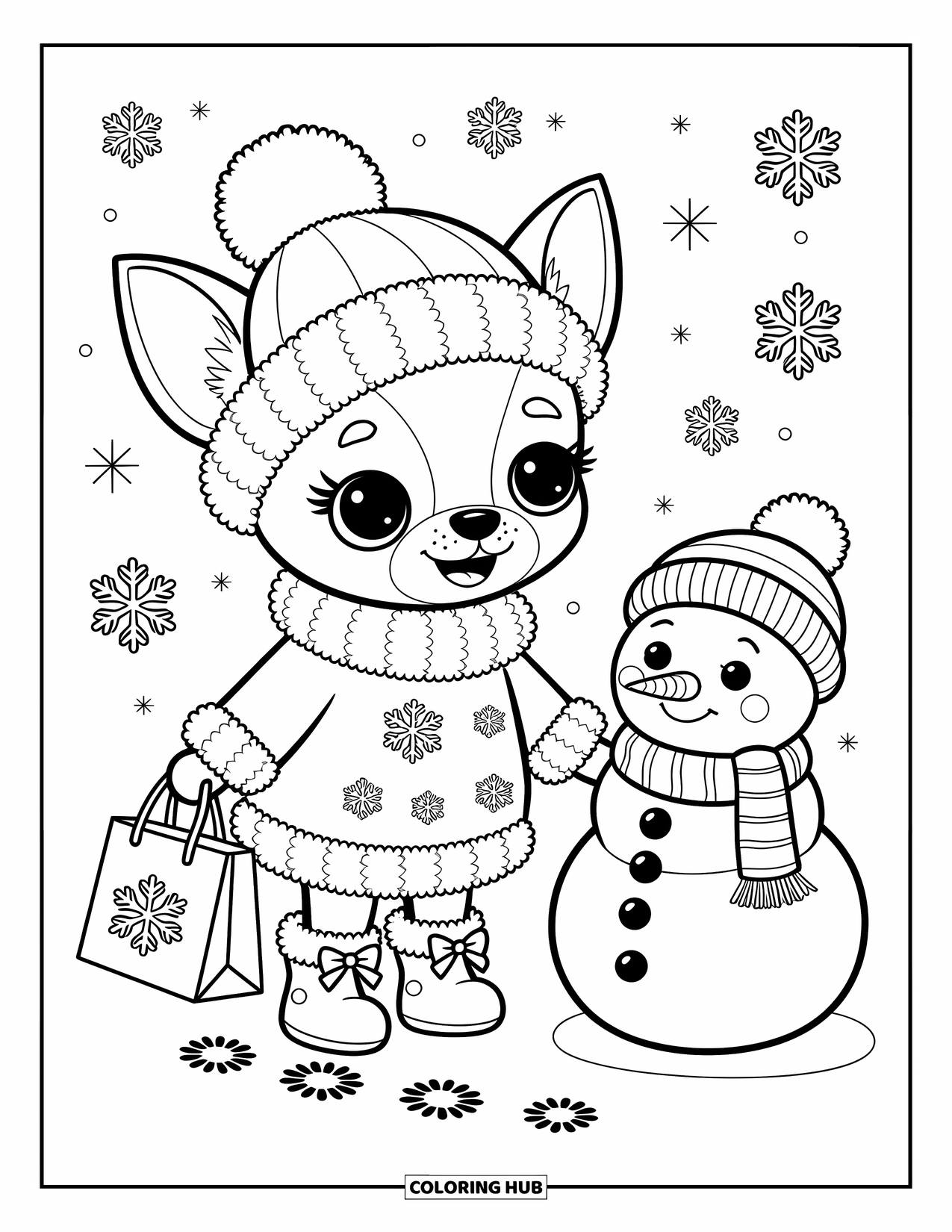 Chihuahua Coloring Page for Adults: Chihuahua strolls in the snow wearing boots and a sweater, snowman smiling beside her