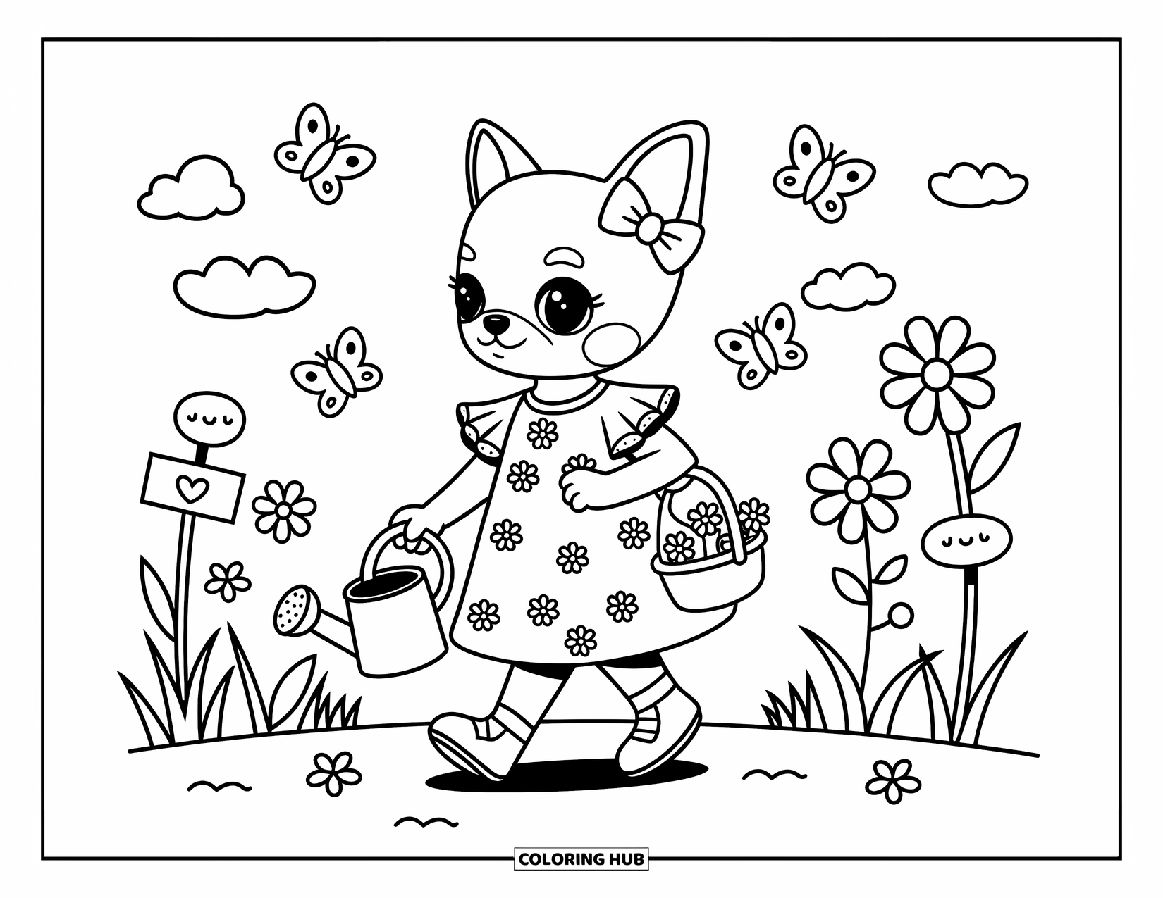 Chihuahua Coloring Page for Adults: Chihuahua strolls through a garden in a daisy dress with a flower basket and watering can