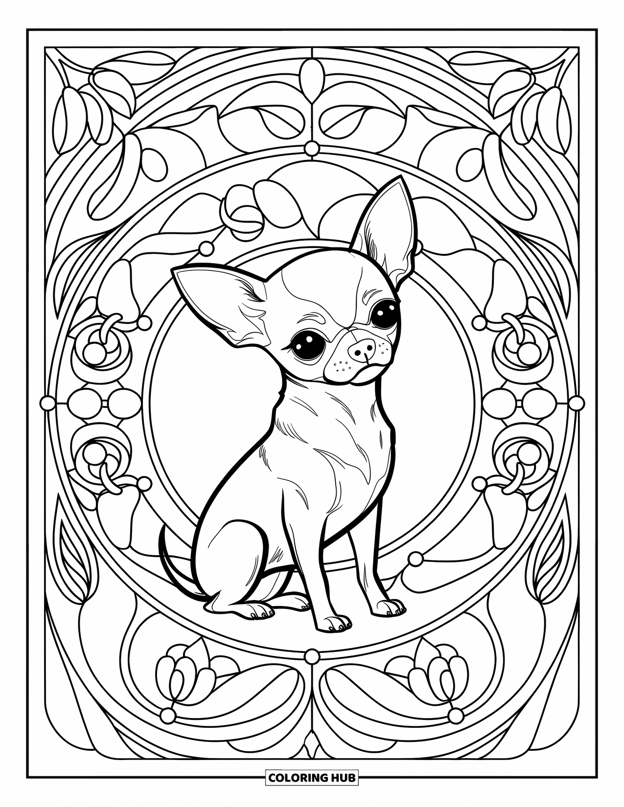 Chihuahua Coloring Page for Adults: Chihuahua tilts its head, encircled by stained glass flower shapes