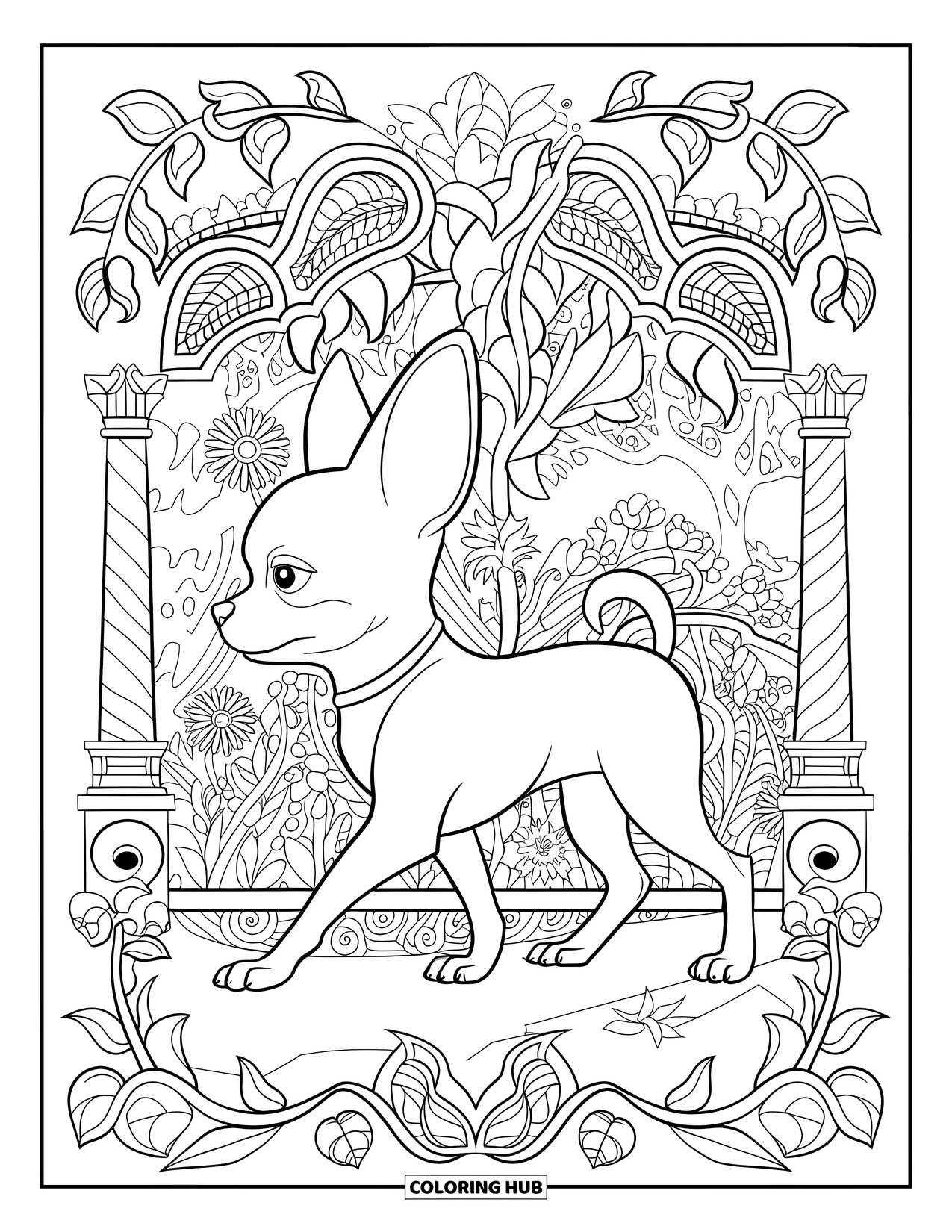 Chihuahua Coloring Page for Adults: Chihuahua walks through a garden framed by vines, trees, and elegant arches