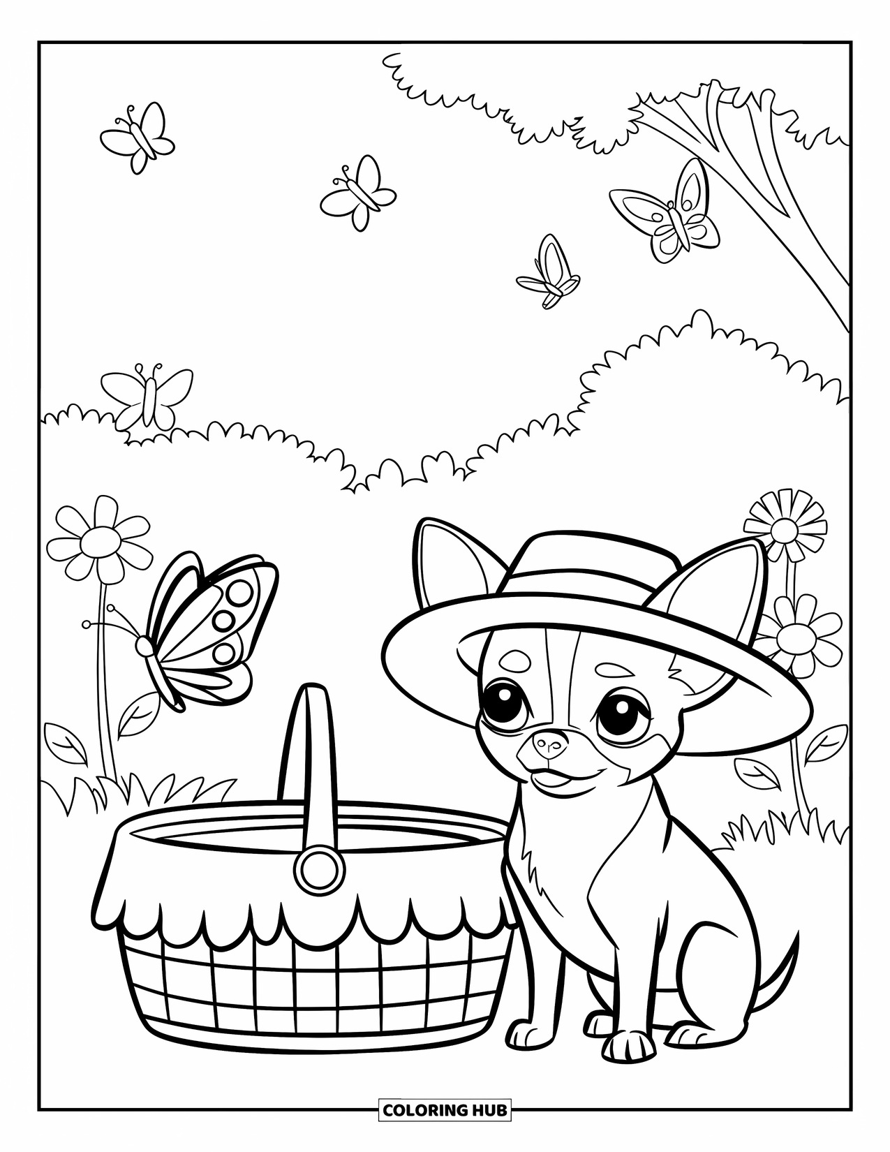 65 Chihuahua Coloring Pages for - Chihuahua Coloring Page For Kids Chihuahua And Butterfly Relax By A Picnic Basket Among Trees And Fl 
