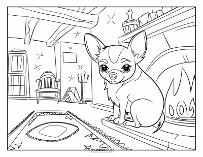 Kolorowanka z chihuahua dla dzieci: Chihuahua przytula się przy świątecznym kominku w drewnianym pokoju