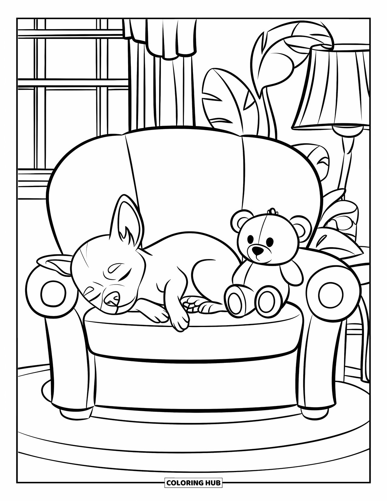 Chihuahua Coloring Page for Kids: Chihuahua cuddles with a teddy bear on a cozy couch near a window