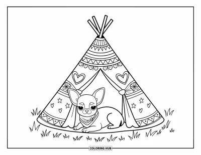 Kolorowanka z chihuahua dla dzieci: Chihuahua w chustce odpoczywa w tipi z gwiazdkami i serduszkami