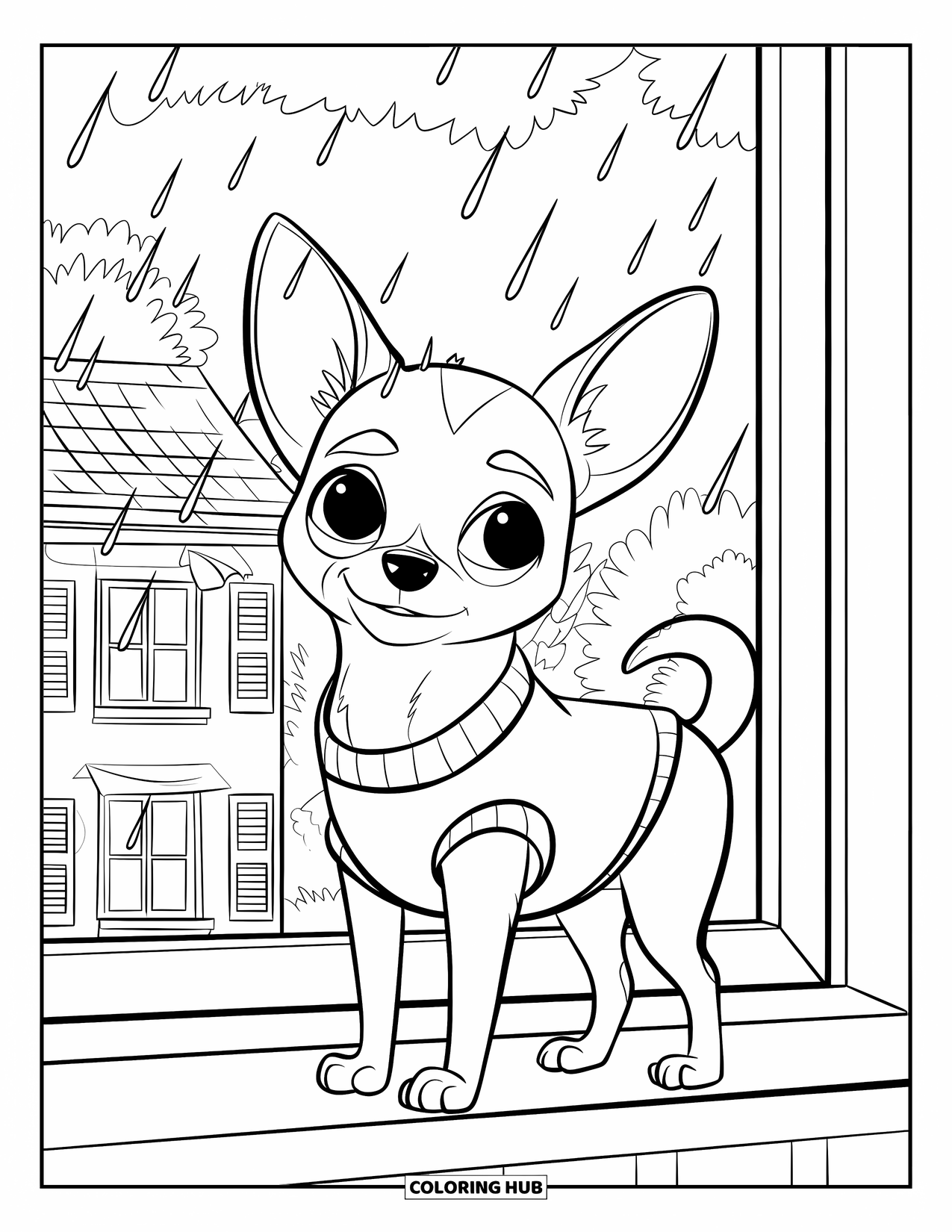 Chihuahua Coloring Page for Kids: Chihuahua in a sweater watches rainy skies from a windowsill