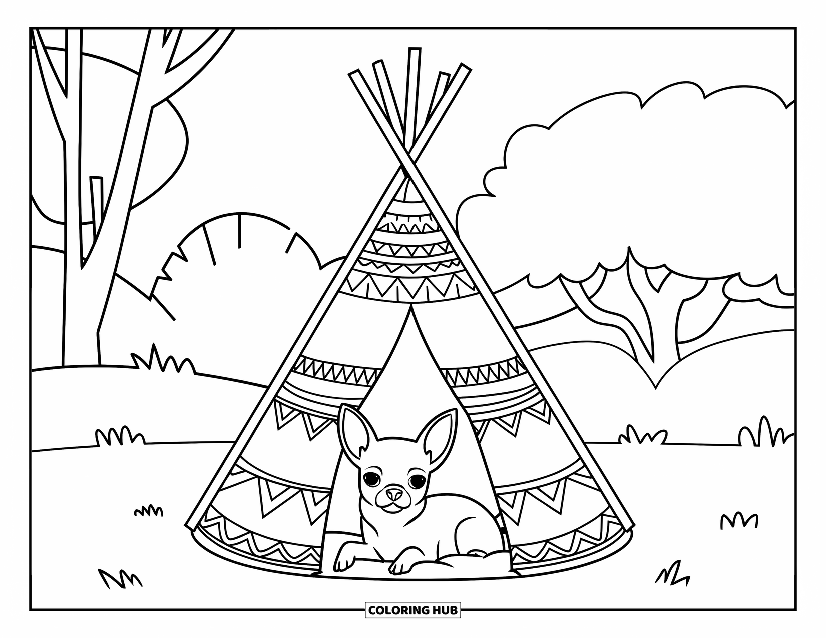 Chihuahua Coloring Page for Kids: Chihuahua relaxes inside a boho teepee on a grassy field