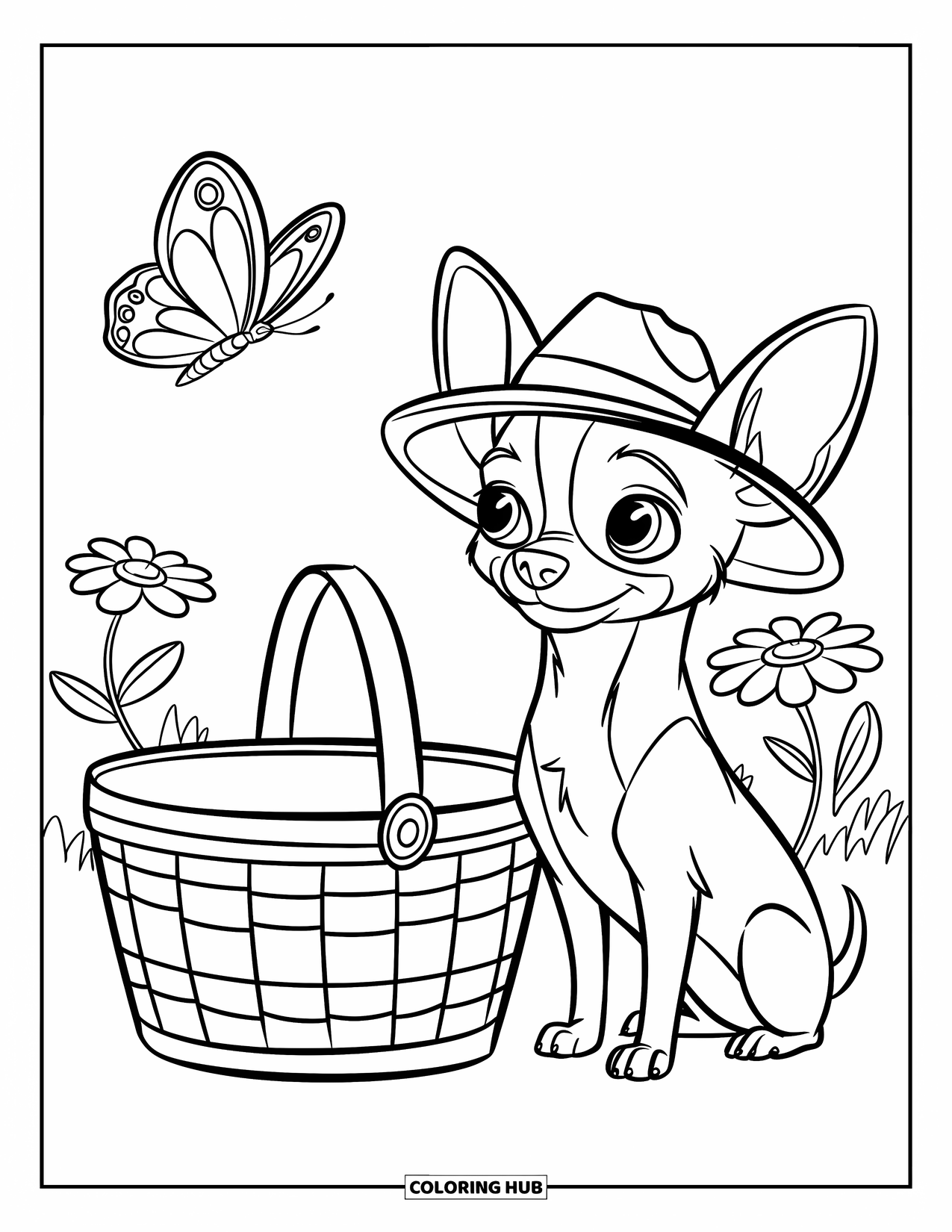Chihuahua Coloring Page for Kids: Chihuahua sits beside a picnic basket with a butterfly nearby