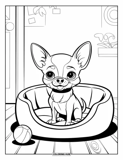 Kolorowanka z chihuahua dla dzieci: Chihuahua siedzi w legowisku na drewnianej podłodze