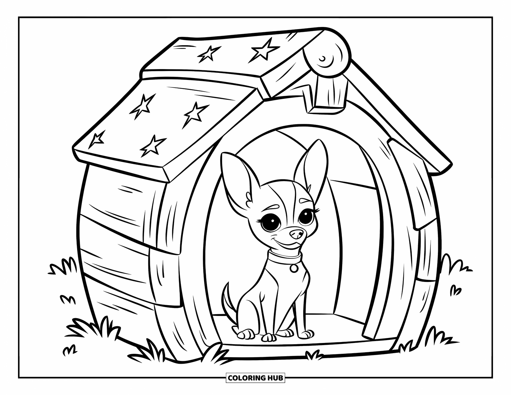 Chihuahua Coloring Page for Kids: Chihuahua sits in a star-roofed dog house on the grass