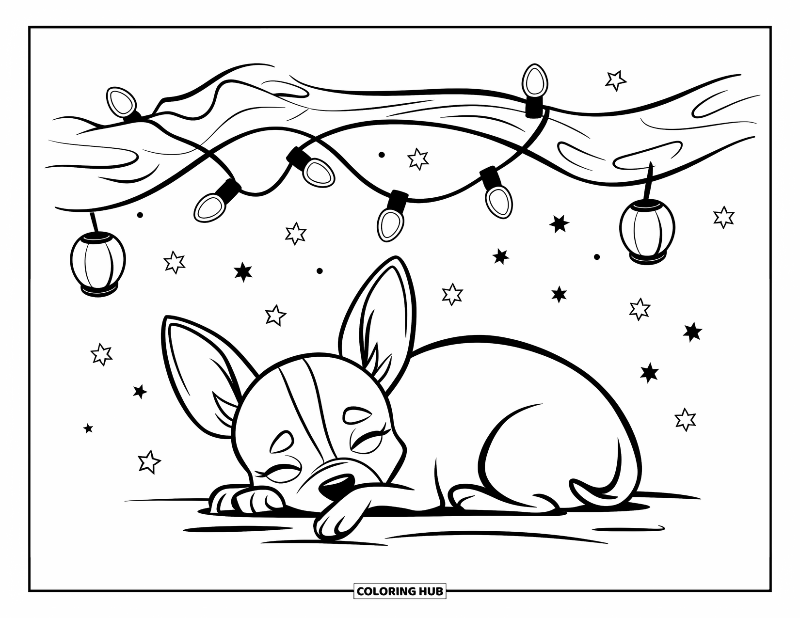 Chihuahua Coloring Page for Kids: Chihuahua snoozes under stars with fairy lights and floating lanterns