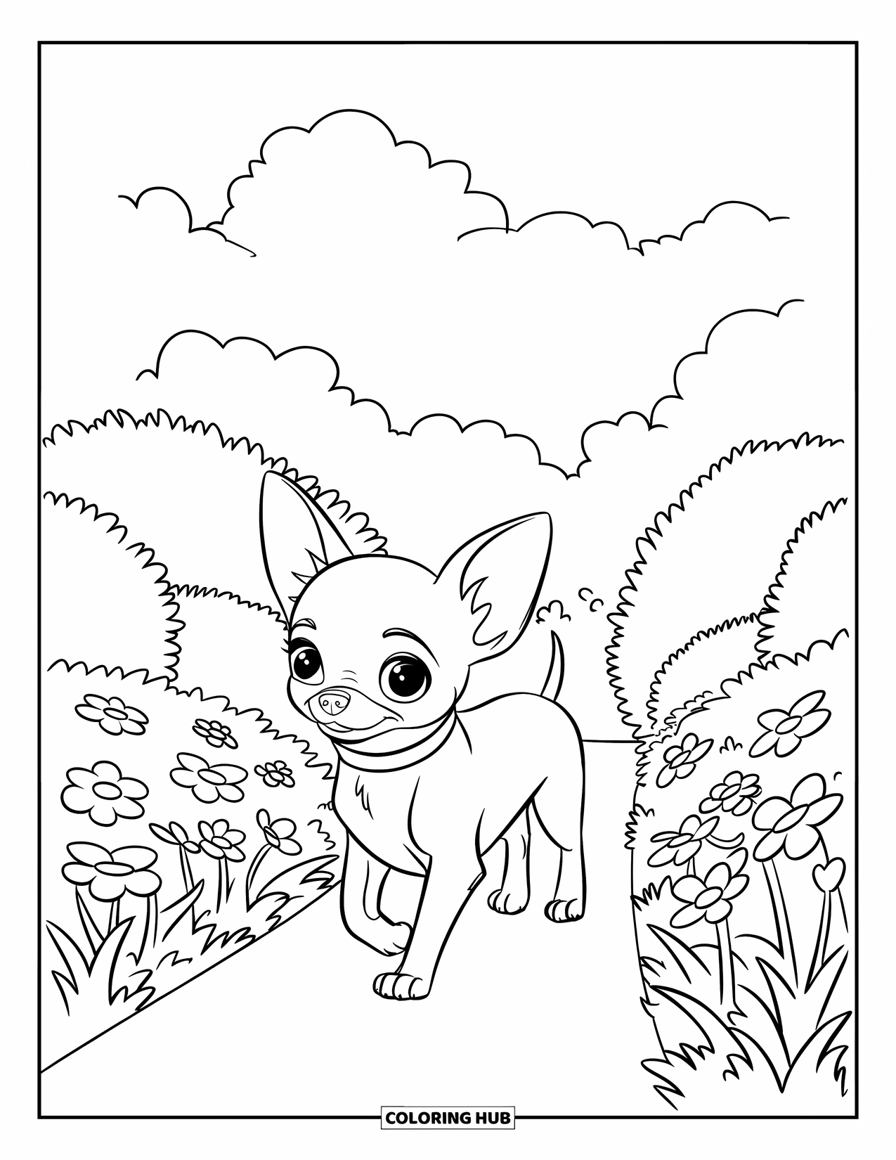 Chihuahua Coloring Page for Kids: Chihuahua strolls a flower-lined garden path wearing a red collar