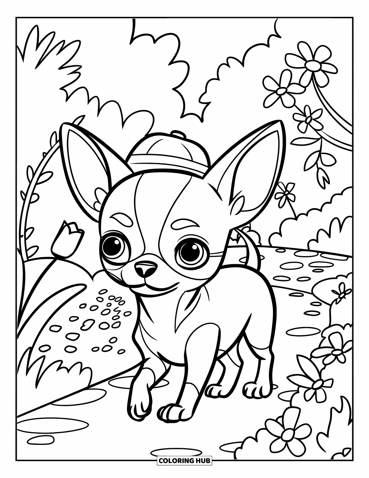 Chihuahua Coloring Page for Kids: Chihuahua walks a blooming path wearing a small hat