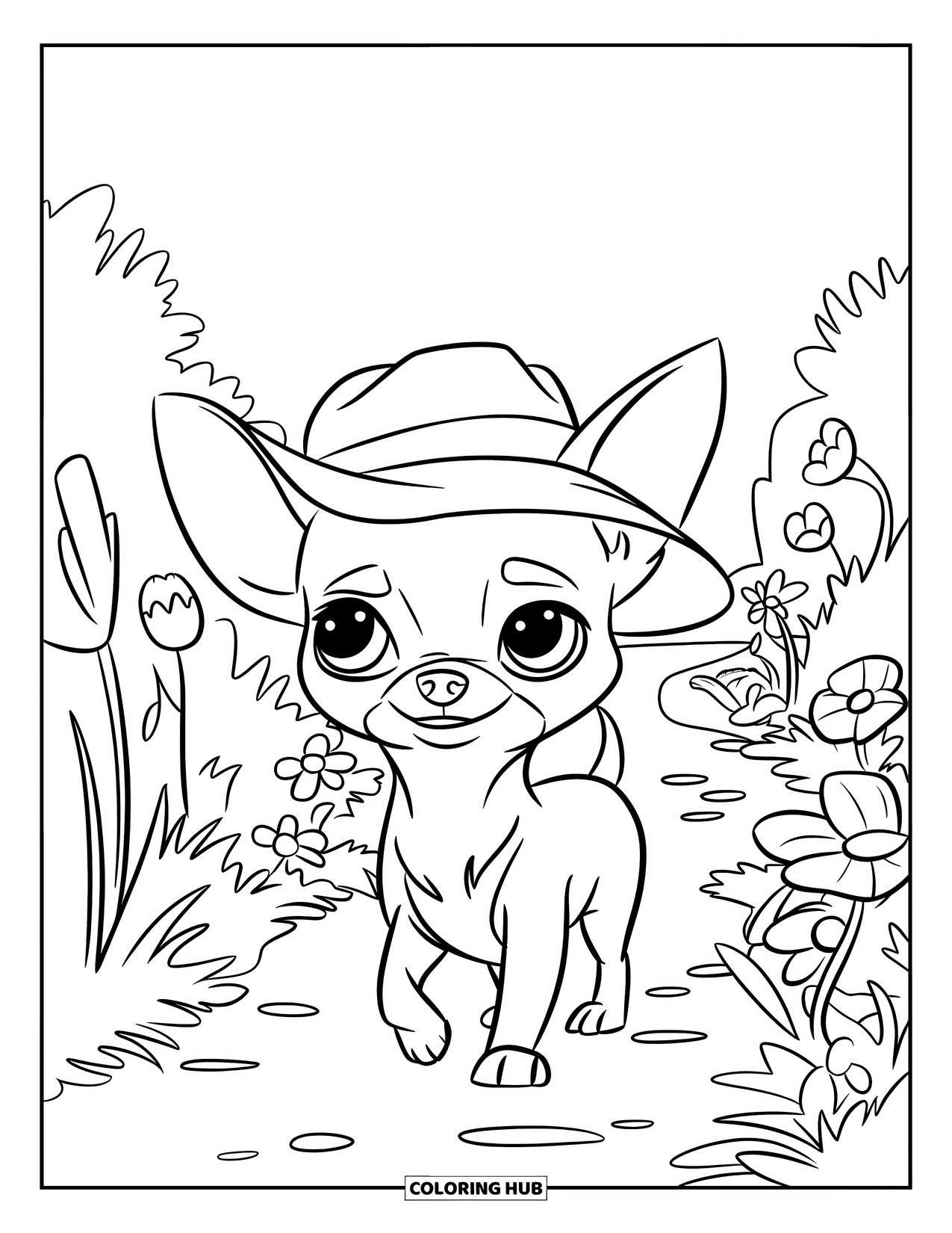 Chihuahua Coloring Page for Kids: Chihuahua wearing a hat walks through a garden full of flowers