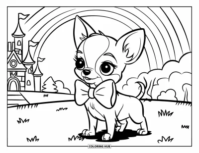 Kolorowanka z chihuahua dla dzieci: Chihuahua z kokardą pozuje przy zamku i tęczy