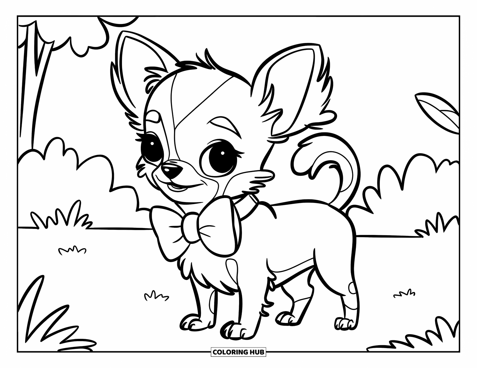 Chihuahua Coloring Page for Kids: Chihuahua with a bow stands on grass near a few trees