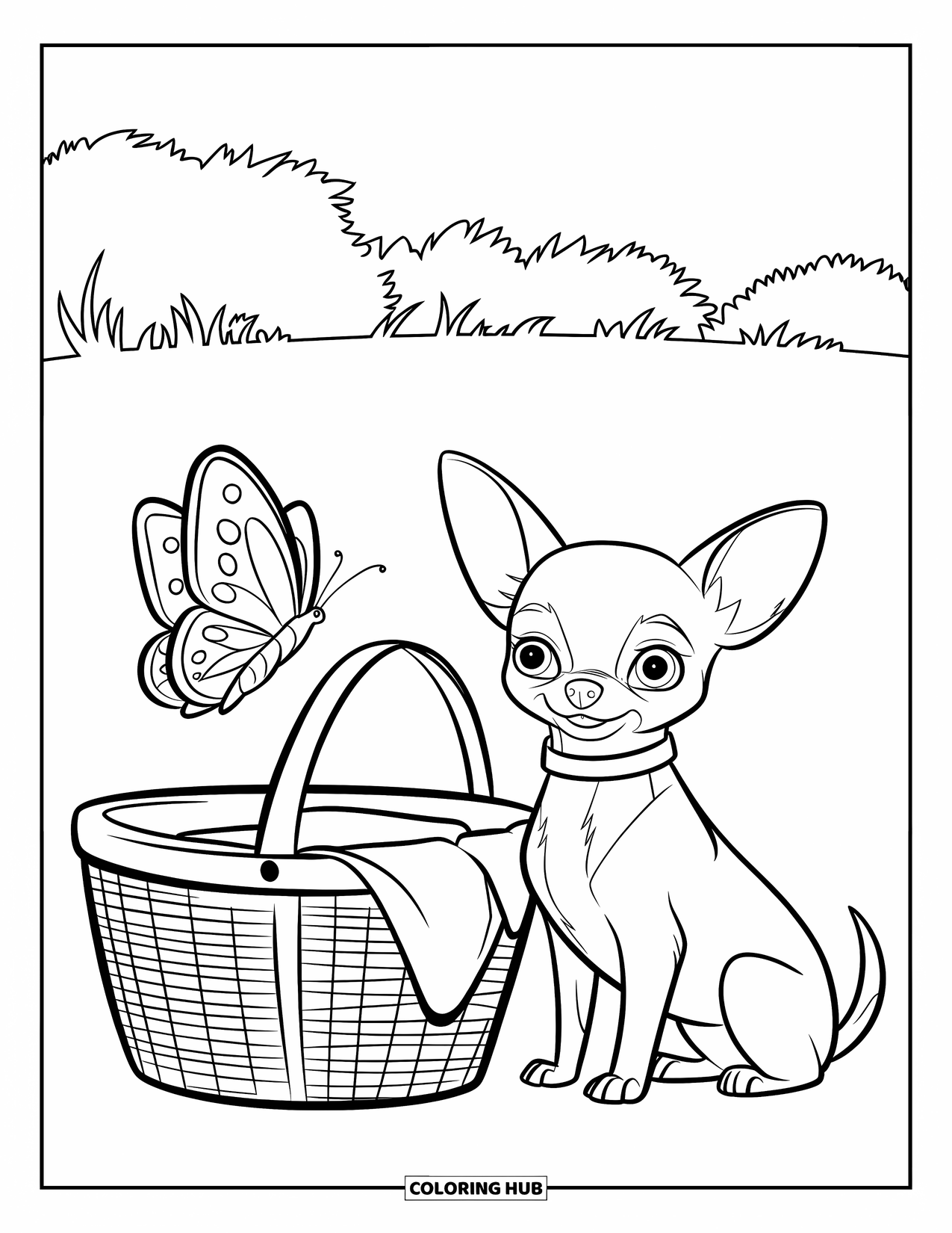 Chihuahua Coloring Page for Kids: Chihuahua with a collar sits near a basket and butterfly in a field