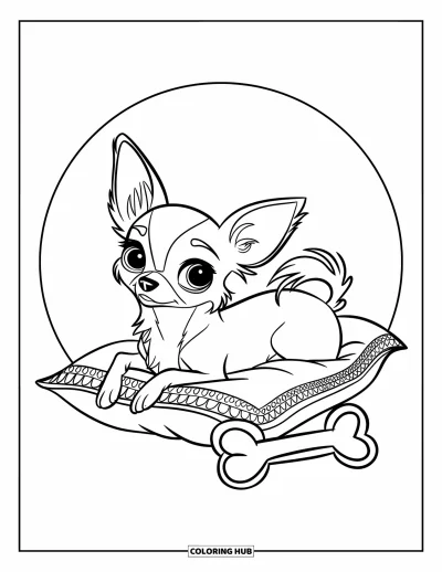 Kolorowanka z chihuahua dla dzieci: Chihuahua z dużymi oczami drzemie na koronkowej poduszce