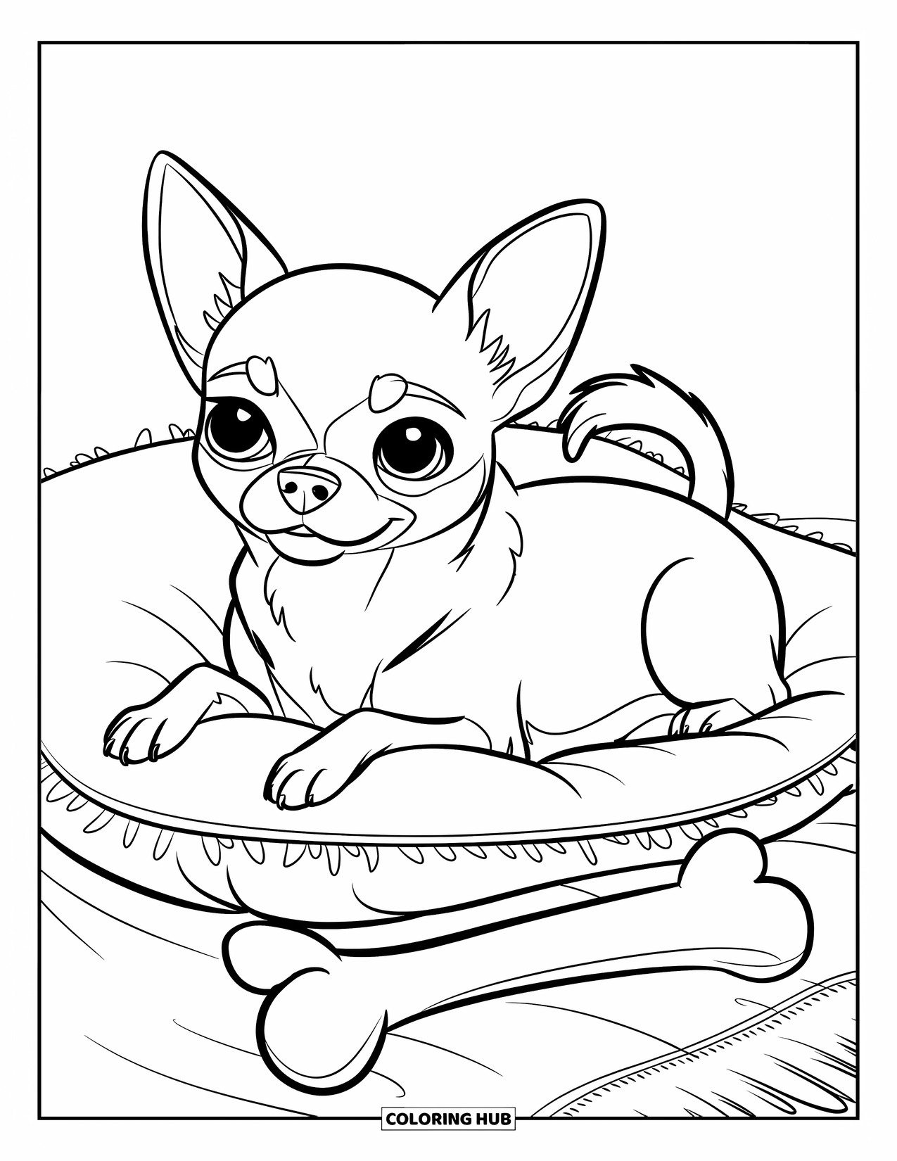 Chihuahua Coloring Page for Kids: Chubby Chihuahua rests on a pillow with a curved bone
