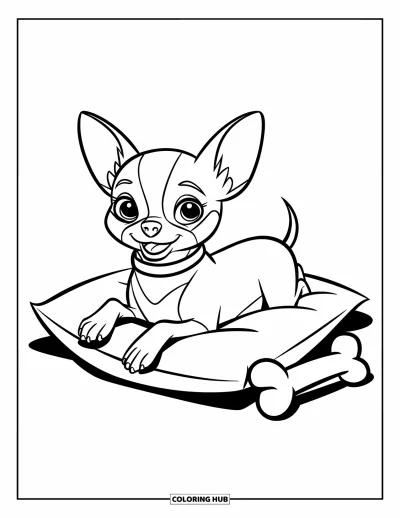 Kolorowanka z chihuahua dla dzieci: Radosne chihuahua odpoczywa na poduszce obok kości