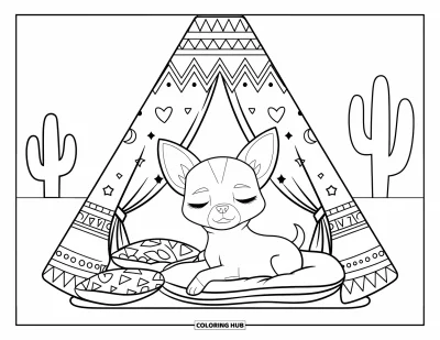 Kolorowanka z chihuahua dla dzieci: Śpiące chihuahua odpoczywa w tipi w gwiazdki wśród pustynnych kaktusów