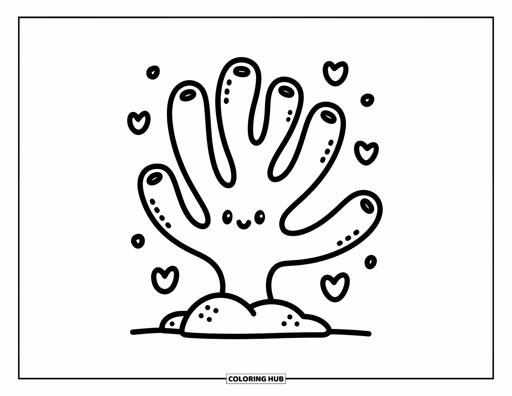 Coral Coloring Page for Adults: A big coral shaped like a tree grows from a rock with heart-shaped bubbles nearby