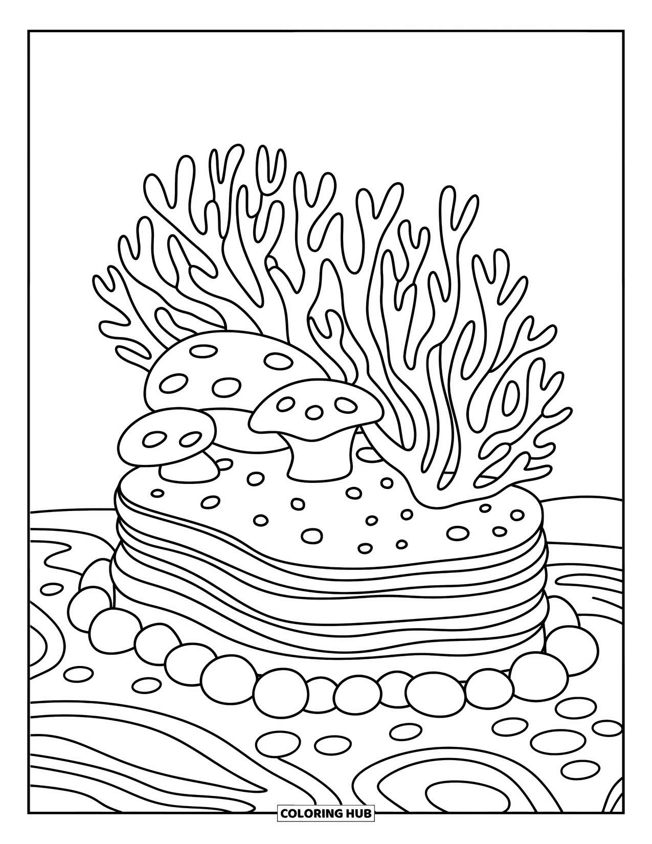 Coral Coloring Page for Adults: A coral cluster sits on a curved reef shelf with rounded shapes and wavy lines