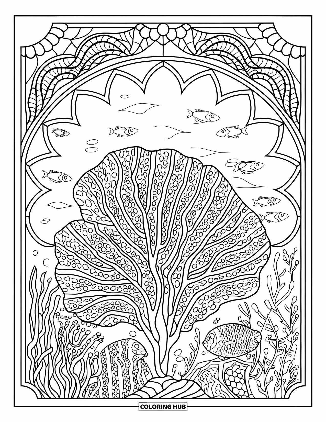 Coral Coloring Page for Adults: A coral fan with fish and sea plants is framed by stained glass edges