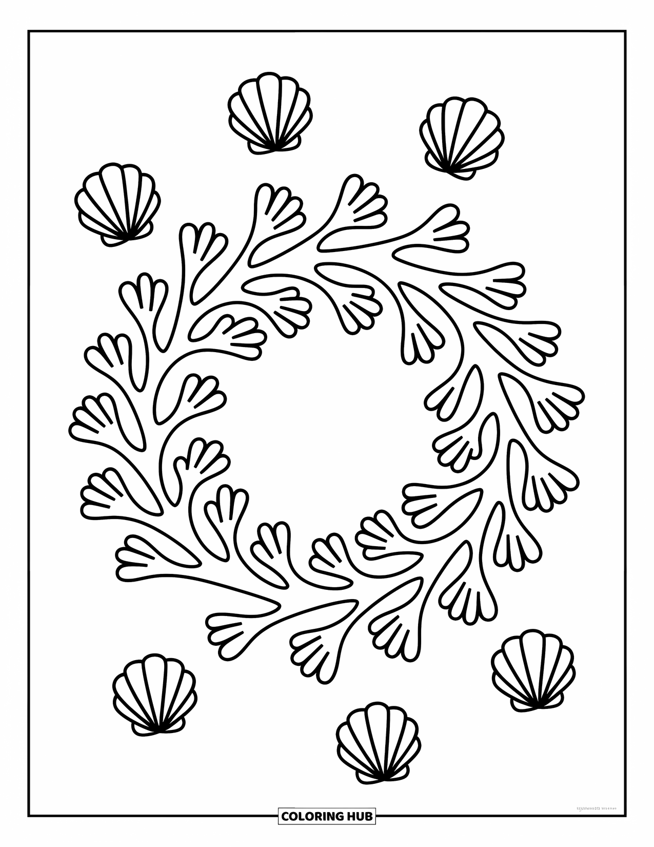 Coral Coloring Page for Adults: A coral wreath full of blossoms and playful shells makes a soft underwater frame