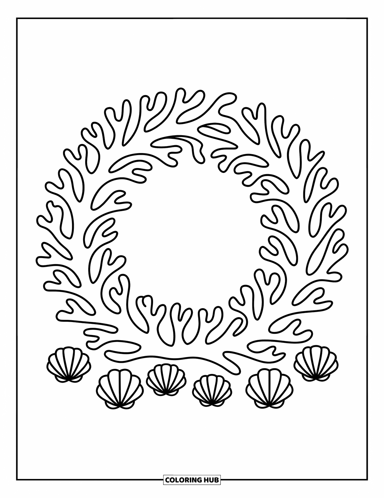 Coral Coloring Page for Adults: A coral wreath with rounded tips is surrounded by cute shells and soft curves