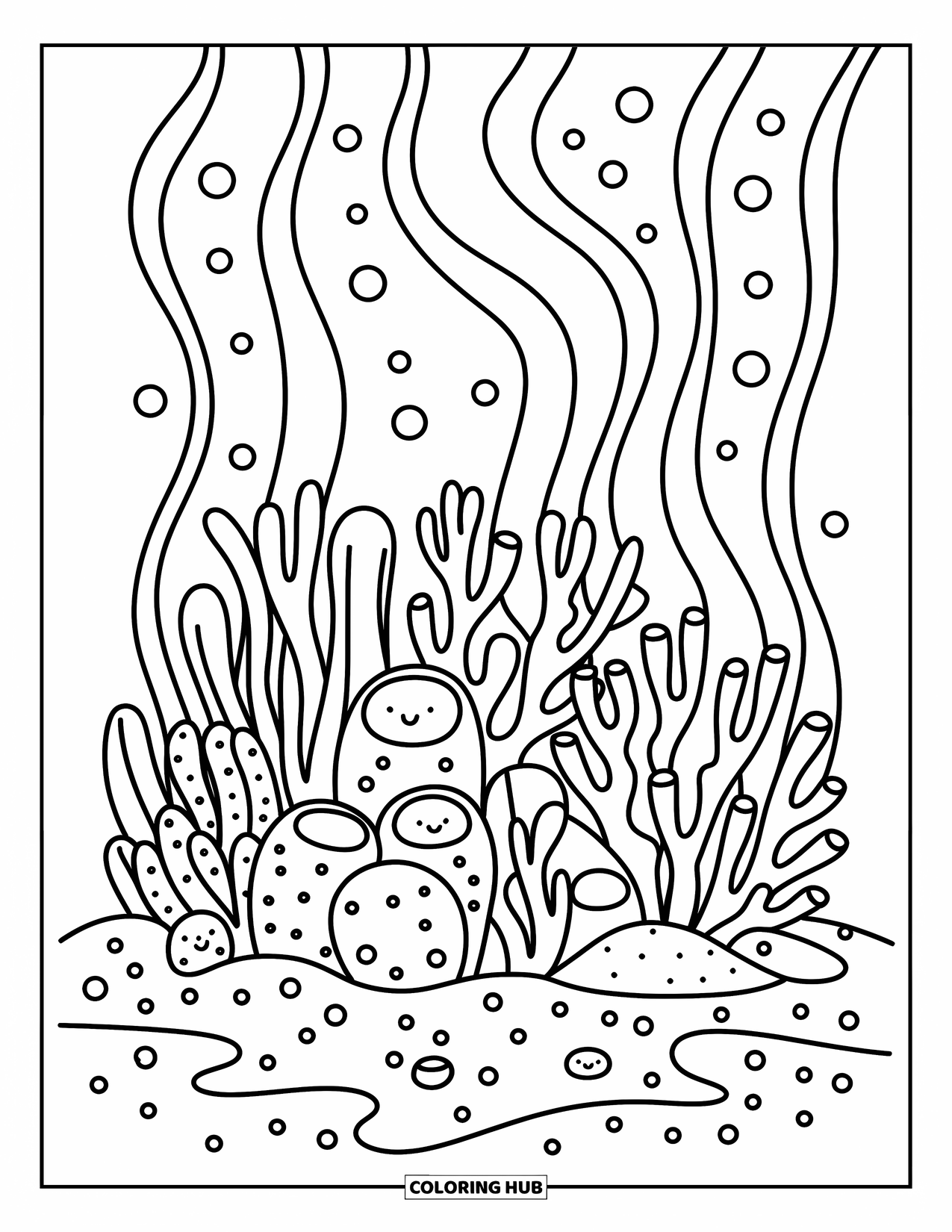 Coral Coloring Page for Adults: A cozy coral mix sits on a sandy seabed with waves and floating bubbles
