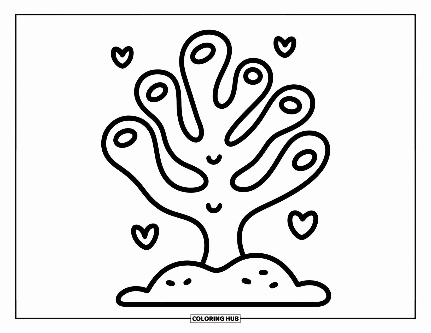 Coral Coloring Page for Adults: A tree-like coral with rounded arms stands on a rock, surrounded by heart bubbles