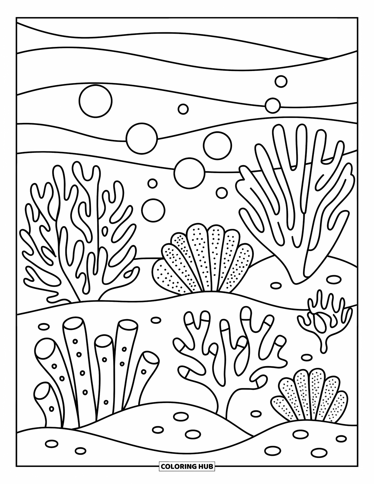 Coral Coloring Page for Adults: A variety of coral shapes rest gently on soft sand with peaceful wave lines