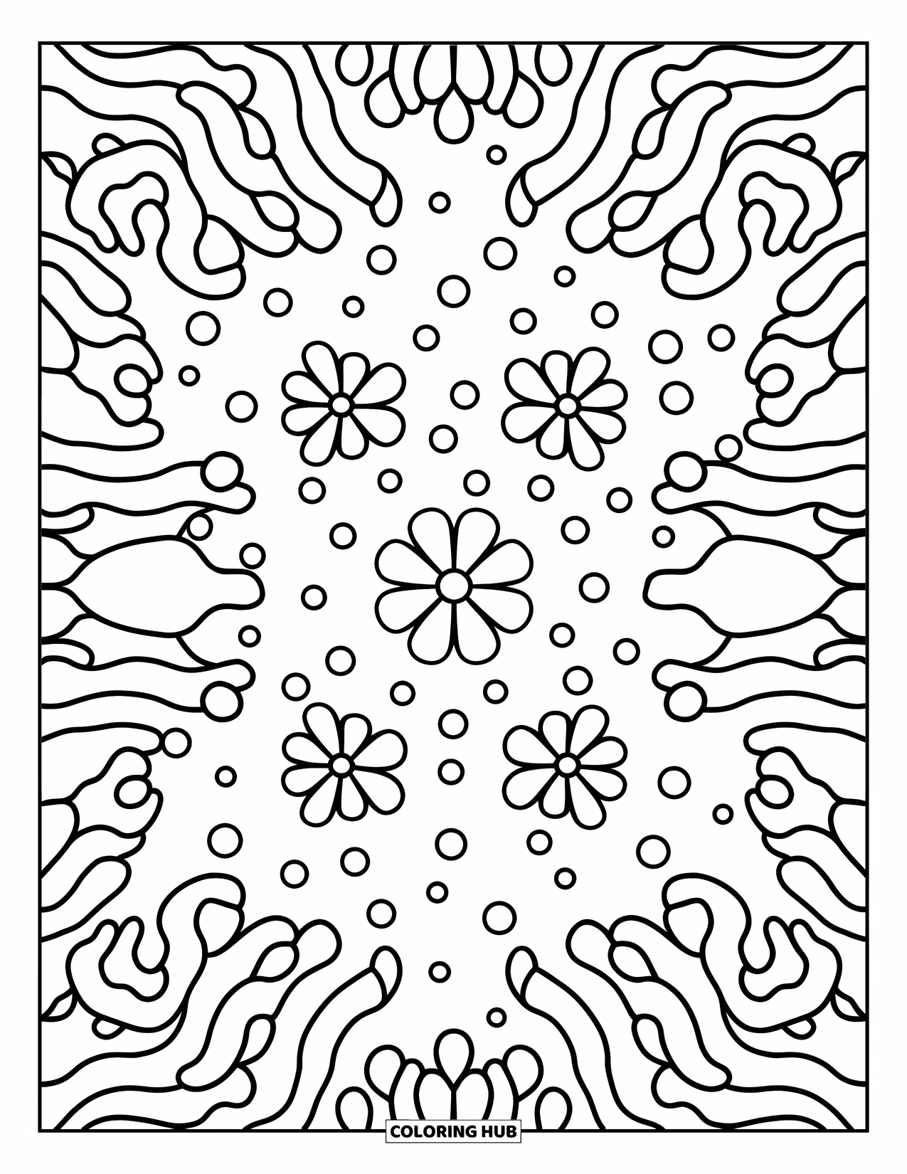 Coral Coloring Page for Adults: Coral with ribbon-like tips lines the page, with bubbles drifting playfully in between
