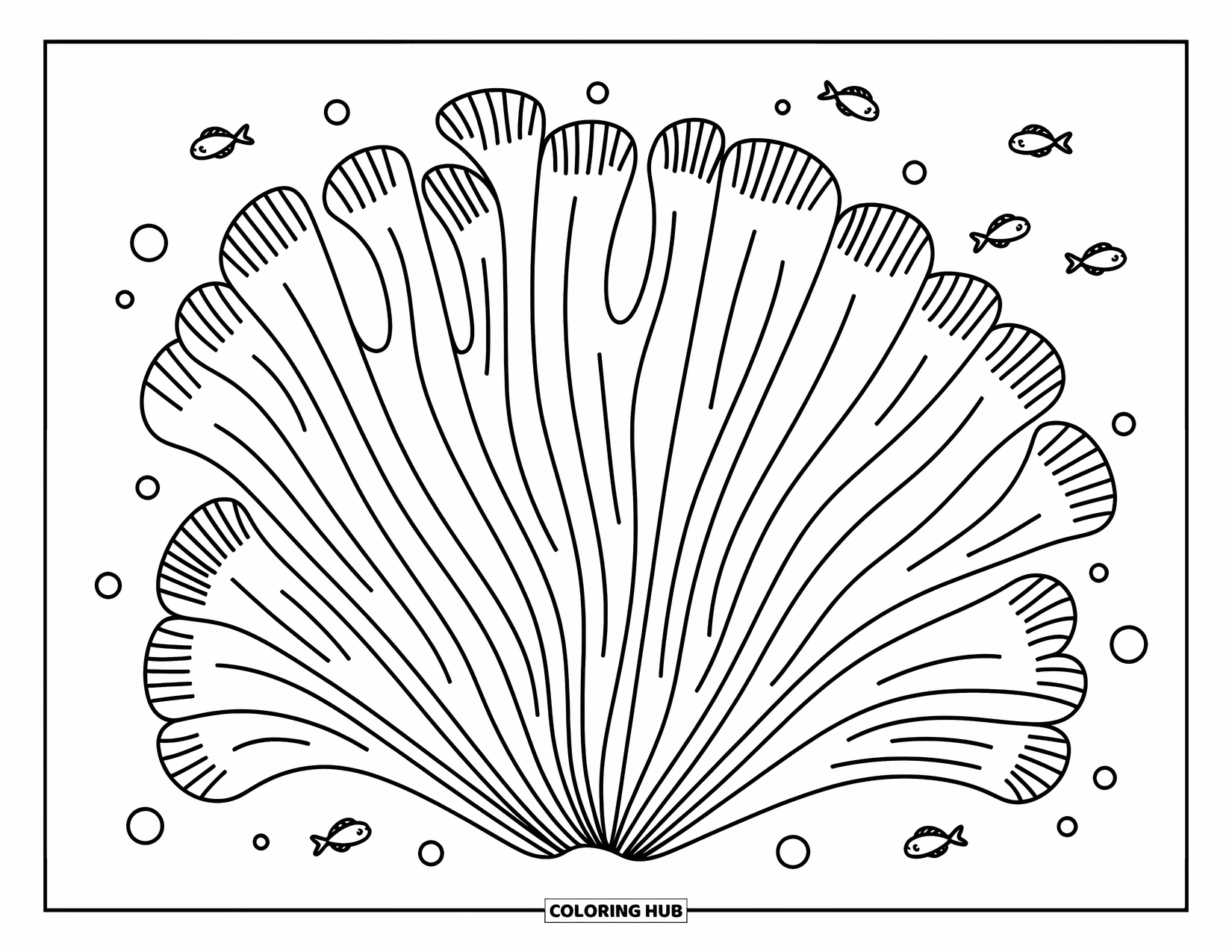 Coral Coloring Page for Adults: Fan coral opens wide with petal-like patterns, surrounded by bubbles and tiny fish