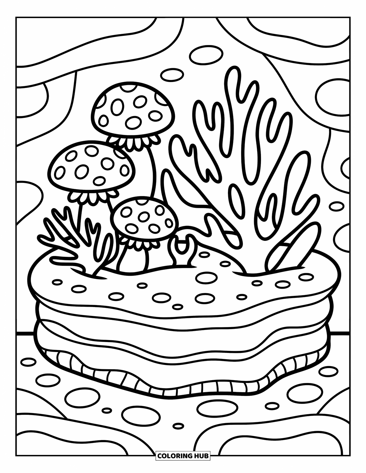 Coral Coloring Page for Adults: Mushroom and antler-shaped coral grows along a reef shelf with pebbles and sand lines