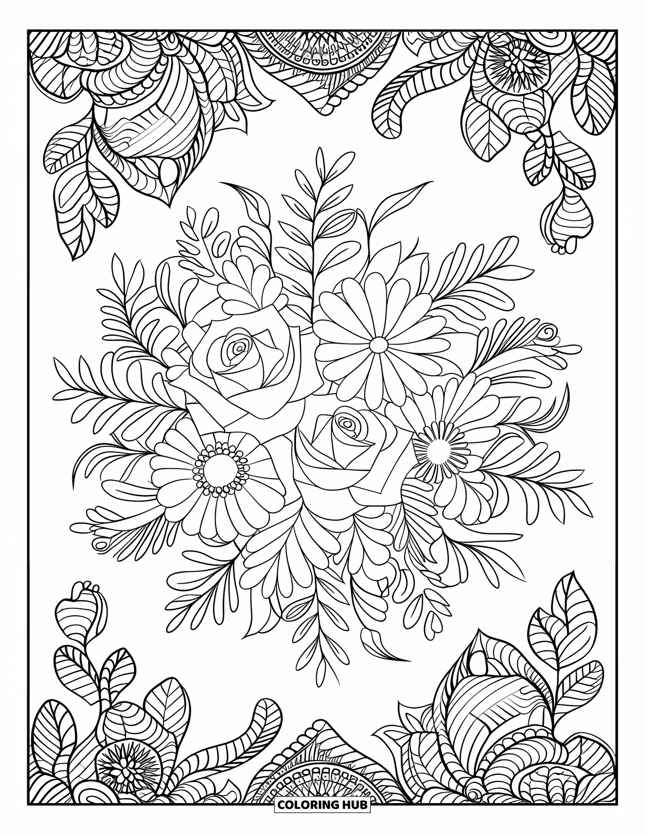 Coral Coloring Page for Adults: Roses, daisies, and lilies form a coral bouquet surrounded by swirling leafy shapes