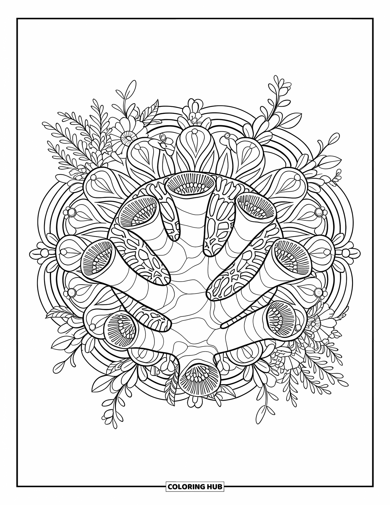 Coral Coloring Page for Adults: Staghorn coral is surrounded by a circular floral mandala with detailed elements