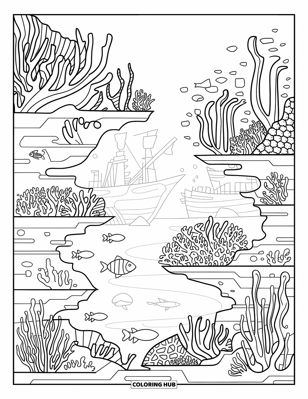 Coral Coloring Page for Kids: A reef scene with coral, sea plants, fish, and a shipwreck in the distance