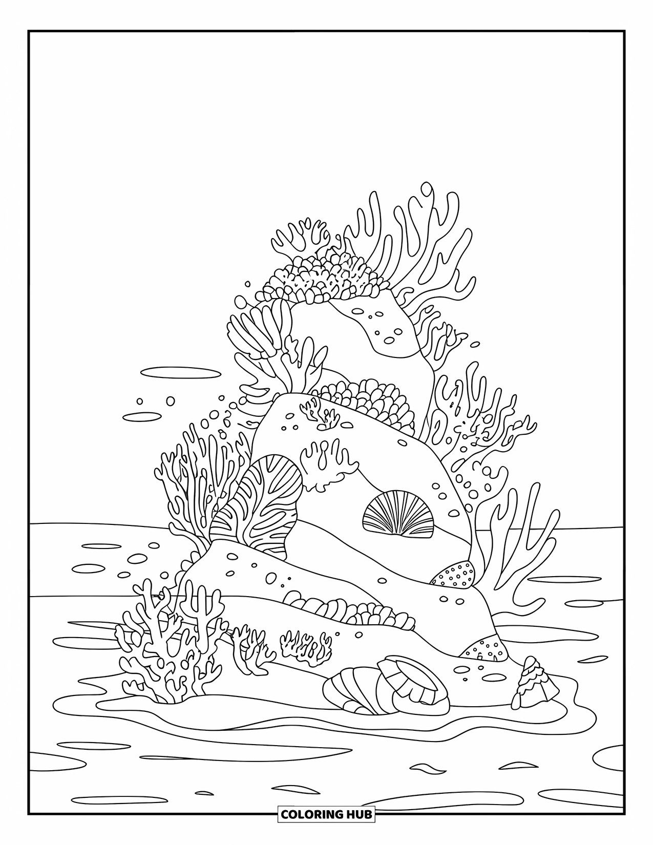 Coral Coloring Page for Kids: A rock with coral and shells floats in water with soft waves all around