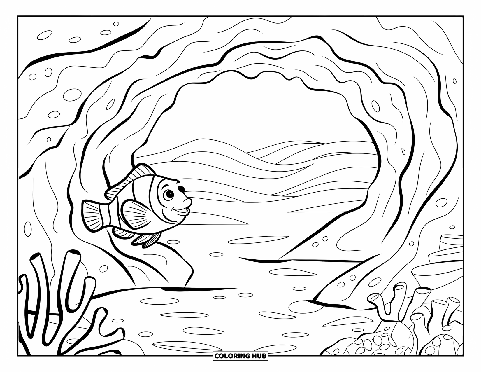 Coral Coloring Page for Kids: Coral and fish in layers form a rich reef setting with no extra textures