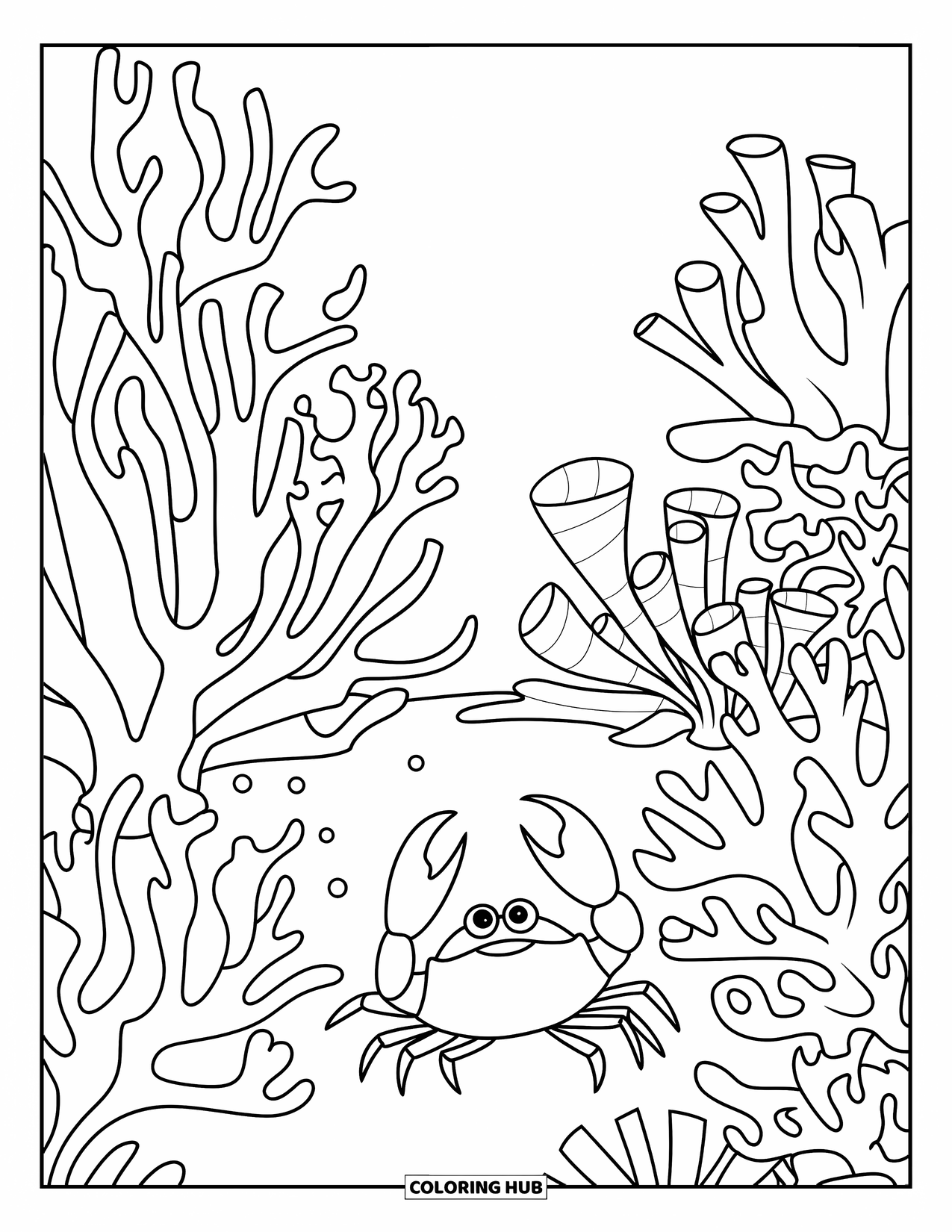 Coral Coloring Page for Kids: Coral reefs with different shapes and a crab exploring below the sea