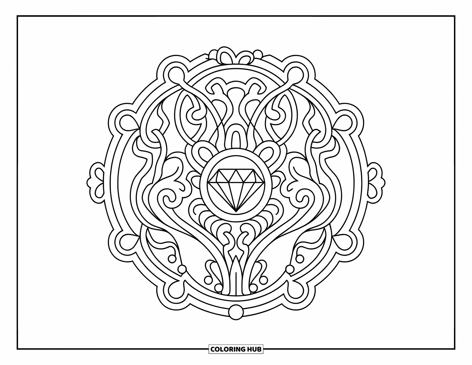Diamond Coloring Page for Adults: A bold diamond ring sits inside a full-page vine and pearl pattern