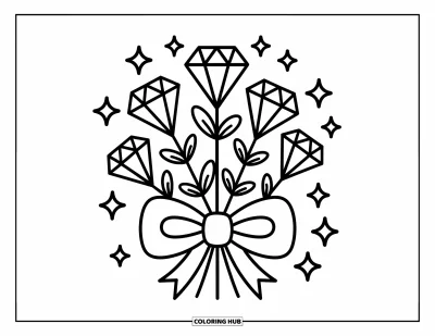 Desen de colorat cu diamante pentru adulți: Un buchet de flori în formă de diamant legat cu o fundă mare scânteiează cu farmec de basm