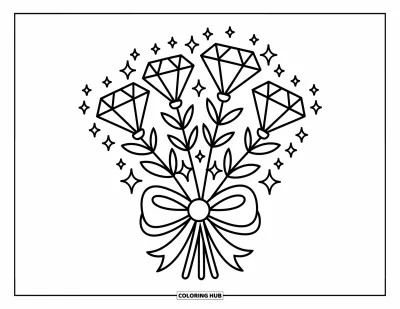 Desen de colorat cu diamante pentru adulți: Un buchet de flori de diamant sclipitoare este legat laolaltă cu o fundă mare și pufoasă