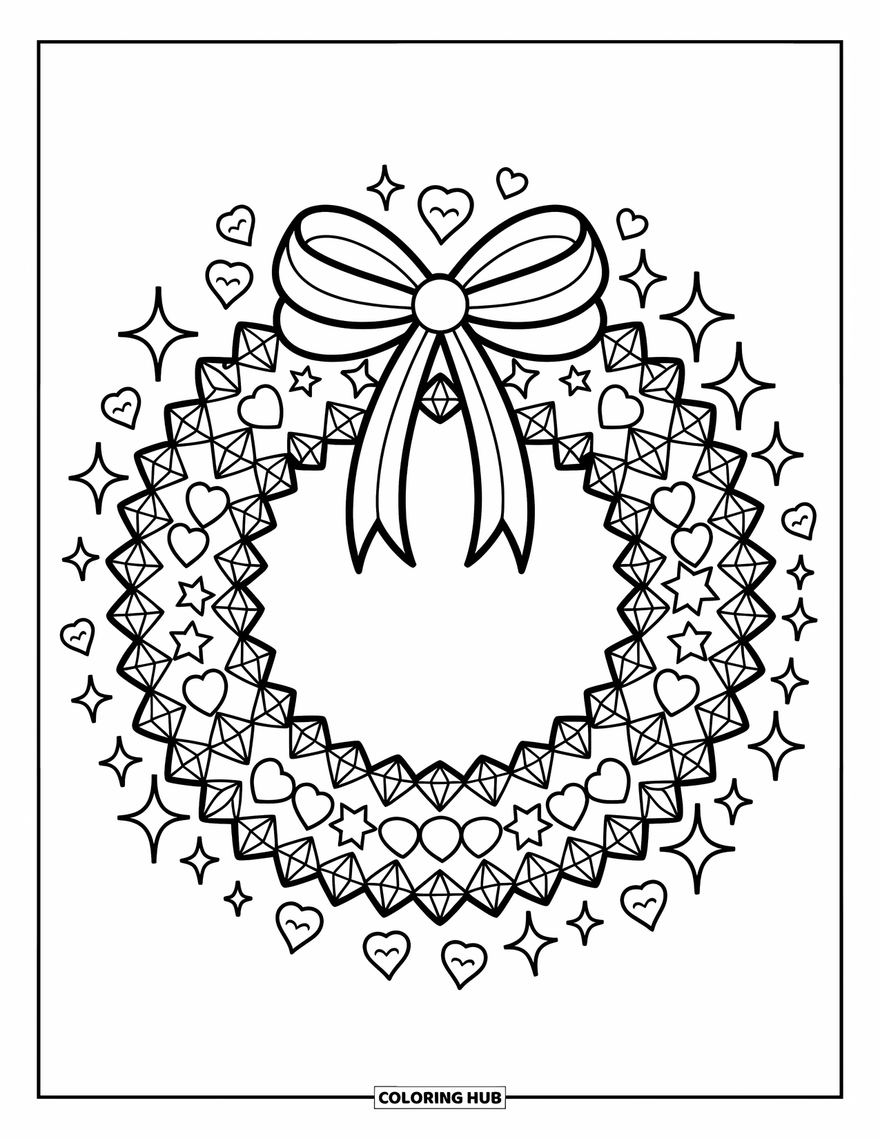 Diamond Coloring Page for Adults: A cozy wreath made of diamonds, hearts, stars, and ribbons sparkles with charm