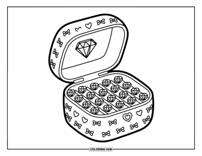 Desen de colorat cu diamante pentru adulți: O cutie de bijuterii drăgălașă prezintă diamante ca niște dulciuri și detalii miniaturale jucăușe