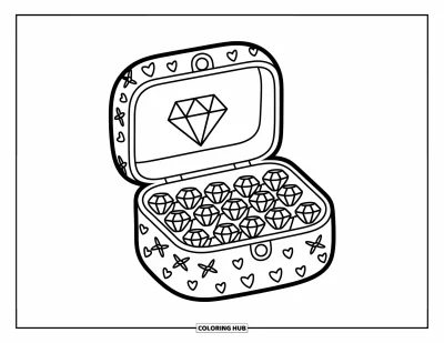 Desen de colorat cu diamante pentru adulți: O cutie de bijuterii plină cu diamante scânteiează cu inimi, fundițe și desene miniaturale