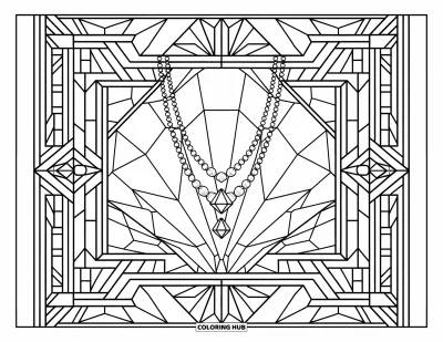 Desen de colorat cu diamante pentru adulți: Un colier cu diamant atârnă într-un cadru geometric art deco din vitraliu